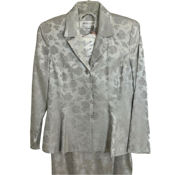 MADRIGANO SUITS Silver Blazer Jacket Skirt 2 Piece Set Sz 4 6 Wedding MOTB Party - Picture 3 of 6